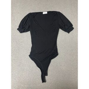 Isalis Women Black Bodysuit small shirt sleeve v neck